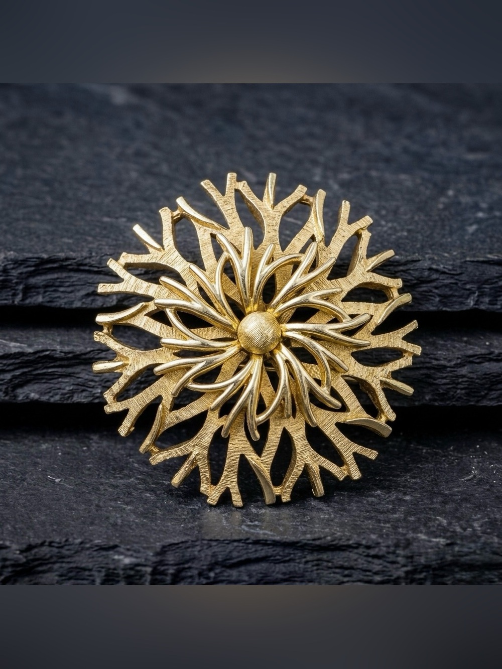Vintage 60s Crown Trifari Branchy Pinwheel Starburst Medallion Gold Tone Brooch